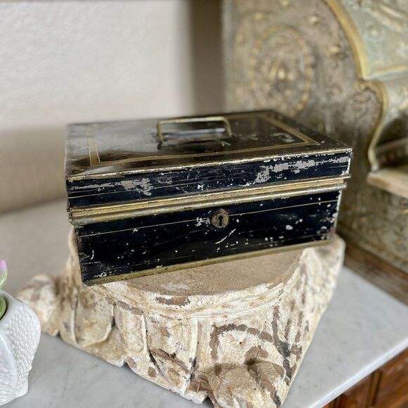 Antique Black & Gold Cash Box Lock Box Metal Money Storage Box Painted Vintage - Picture 1 of 11